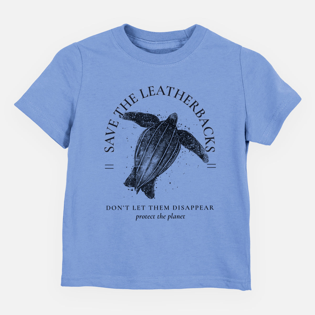 Carolina blue toddler t-shirt laid flat, printed with a black ink leatherback sea turtle framed by the words Save the Leatherbacks, Don't Let Them Disappear.