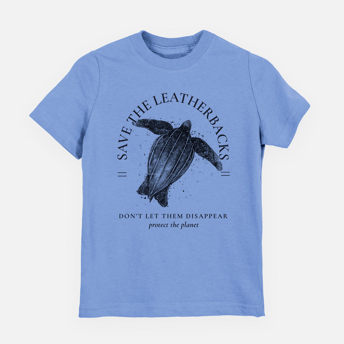 Carolina blue youth t-shirt laid flat, printed with a black ink leatherback sea turtle framed by the words Save the Leatherbacks, Don't Let Them Disappear.