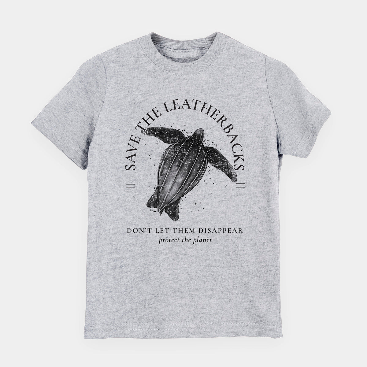 Heather grey youth t-shirt laid flat, printed with a black ink leatherback sea turtle framed by the words Save the Leatherbacks, Don't Let Them Disappear.