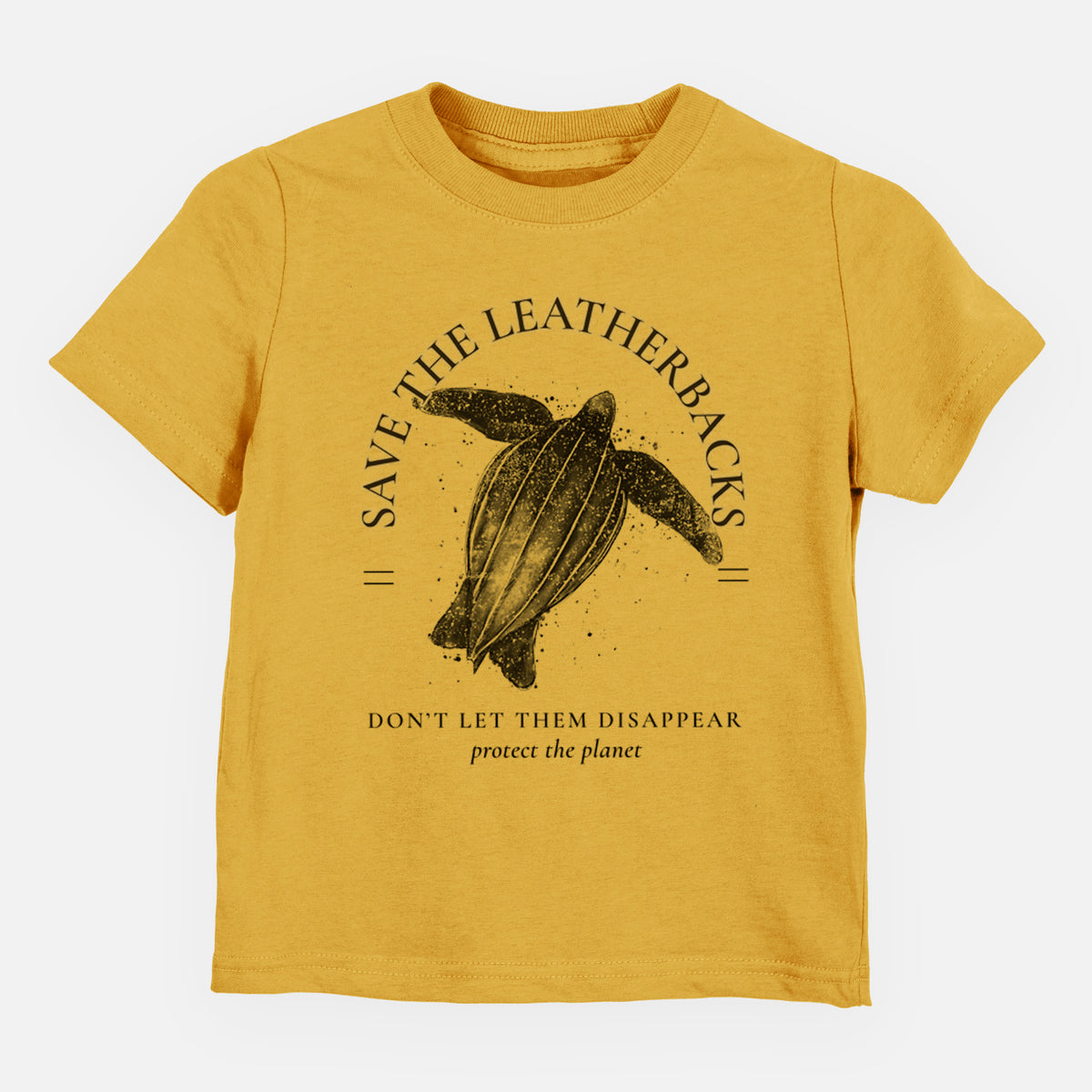 Honeycomb yellow toddler t-shirt laid flat, printed with a black ink leatherback sea turtle framed by the words Save the Leatherbacks, Don't Let Them Disappear.