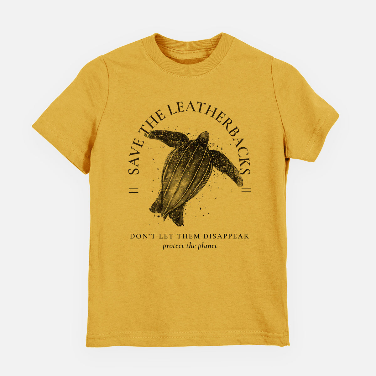 Honeycomb yellow youth t-shirt laid flat, printed with a black ink leatherback sea turtle framed by the words Save the Leatherbacks, Don't Let Them Disappear.