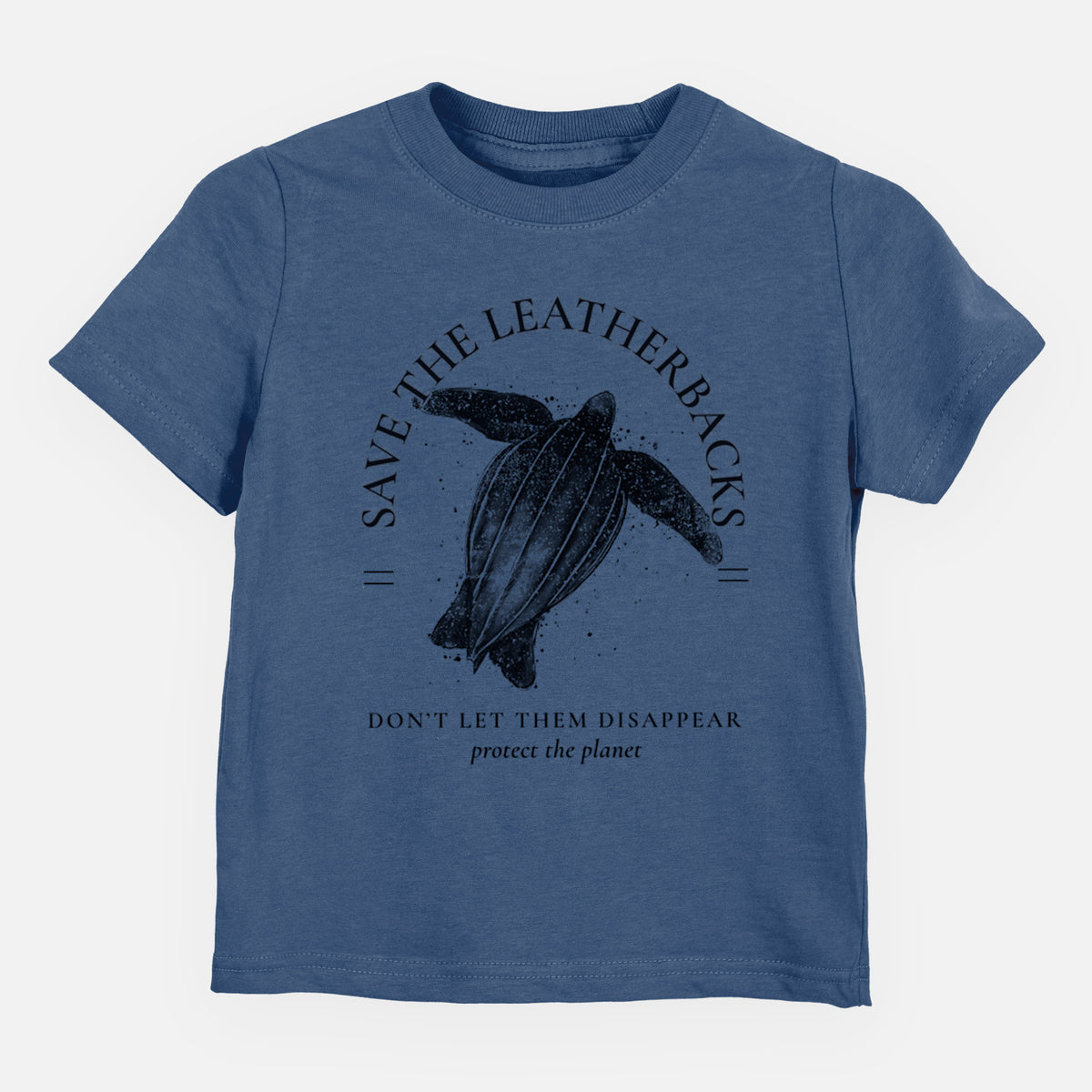 Indigo blue toddler t-shirt laid flat, printed with a black ink leatherback sea turtle framed by the words Save the Leatherbacks, Don't Let Them Disappear.