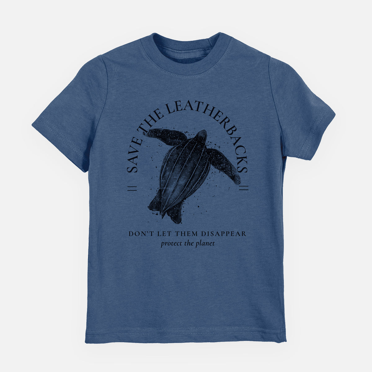 Indigo blue youth t-shirt laid flat, printed with a black ink leatherback sea turtle framed by the words Save the Leatherbacks, Don't Let Them Disappear.