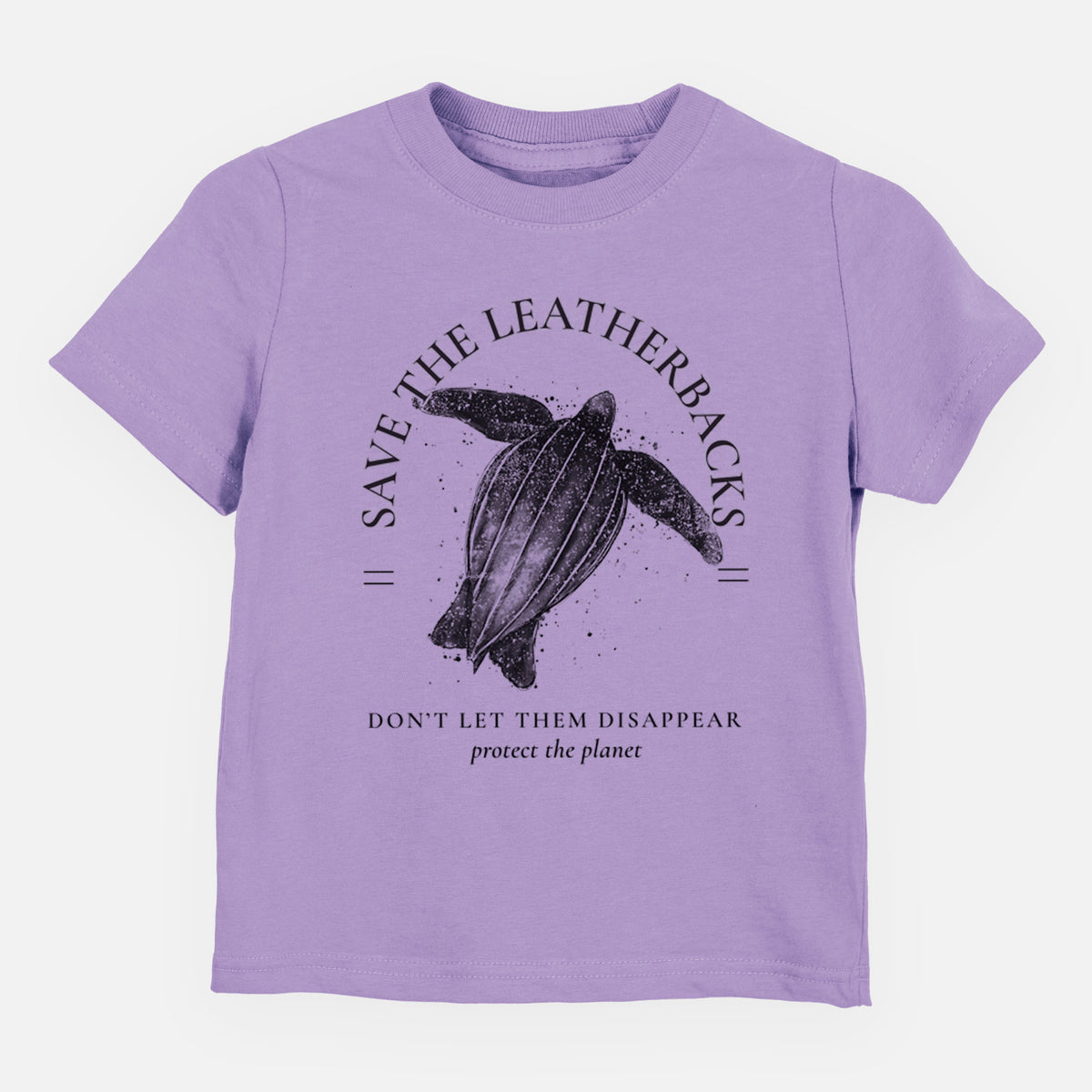 Lavender toddler t-shirt laid flat, printed with a black ink leatherback sea turtle framed by the words Save the Leatherbacks, Don't Let Them Disappear.