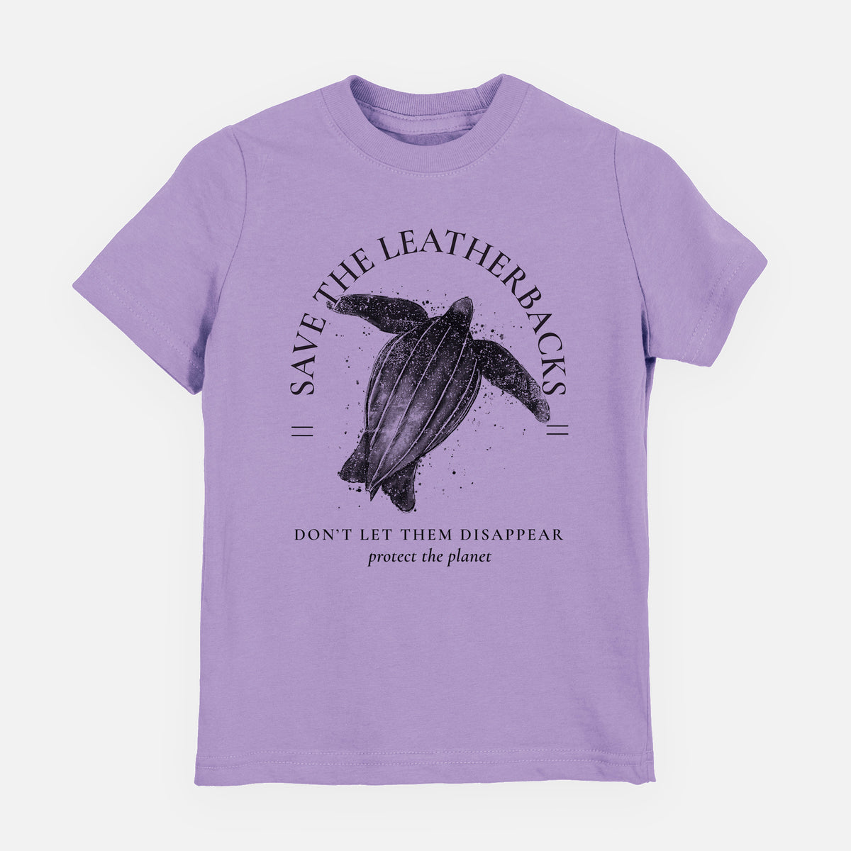 Lavender youth t-shirt laid flat, printed with a black ink leatherback sea turtle framed by the words Save the Leatherbacks, Don't Let Them Disappear.