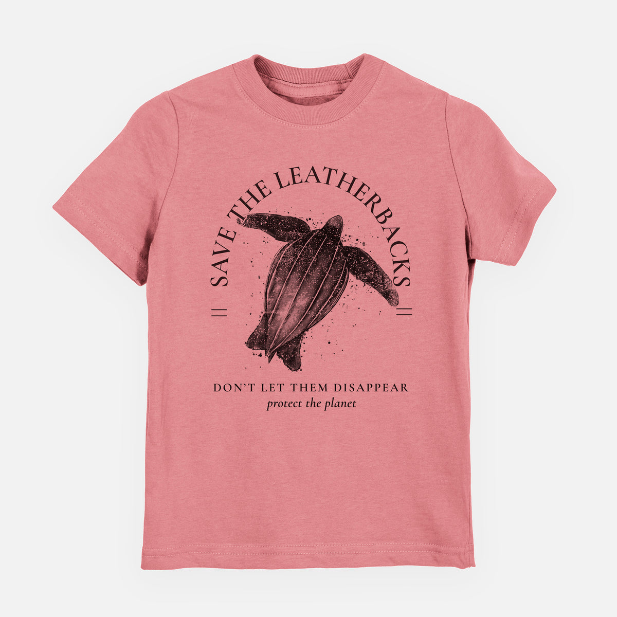 Mauve pink youth t-shirt laid flat, printed with a black ink leatherback sea turtle framed by the words Save the Leatherbacks, Don't Let Them Disappear.