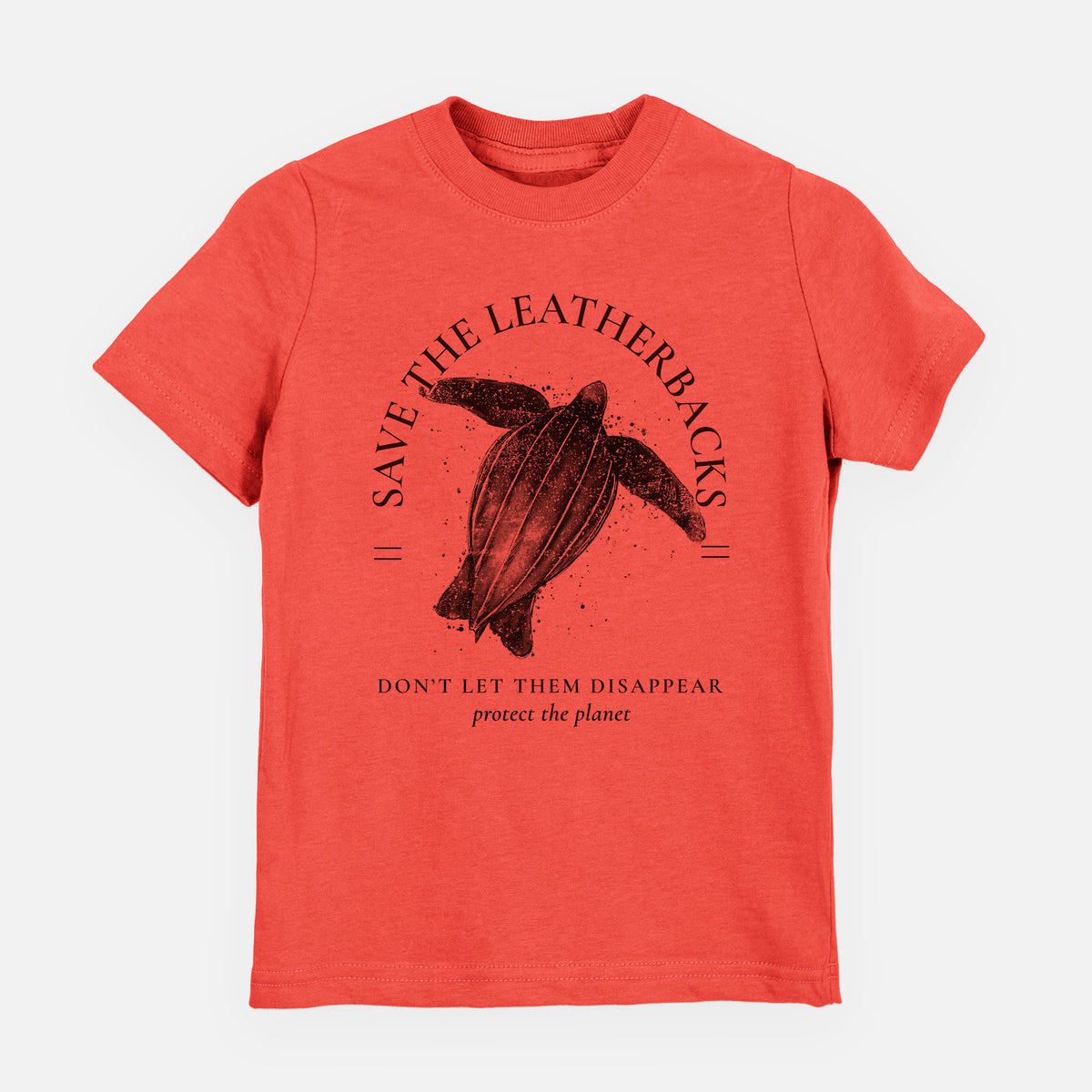 Passionfruit pink youth t-shirt laid flat, printed with a black ink leatherback sea turtle framed by the words Save the Leatherbacks, Don't Let Them Disappear.