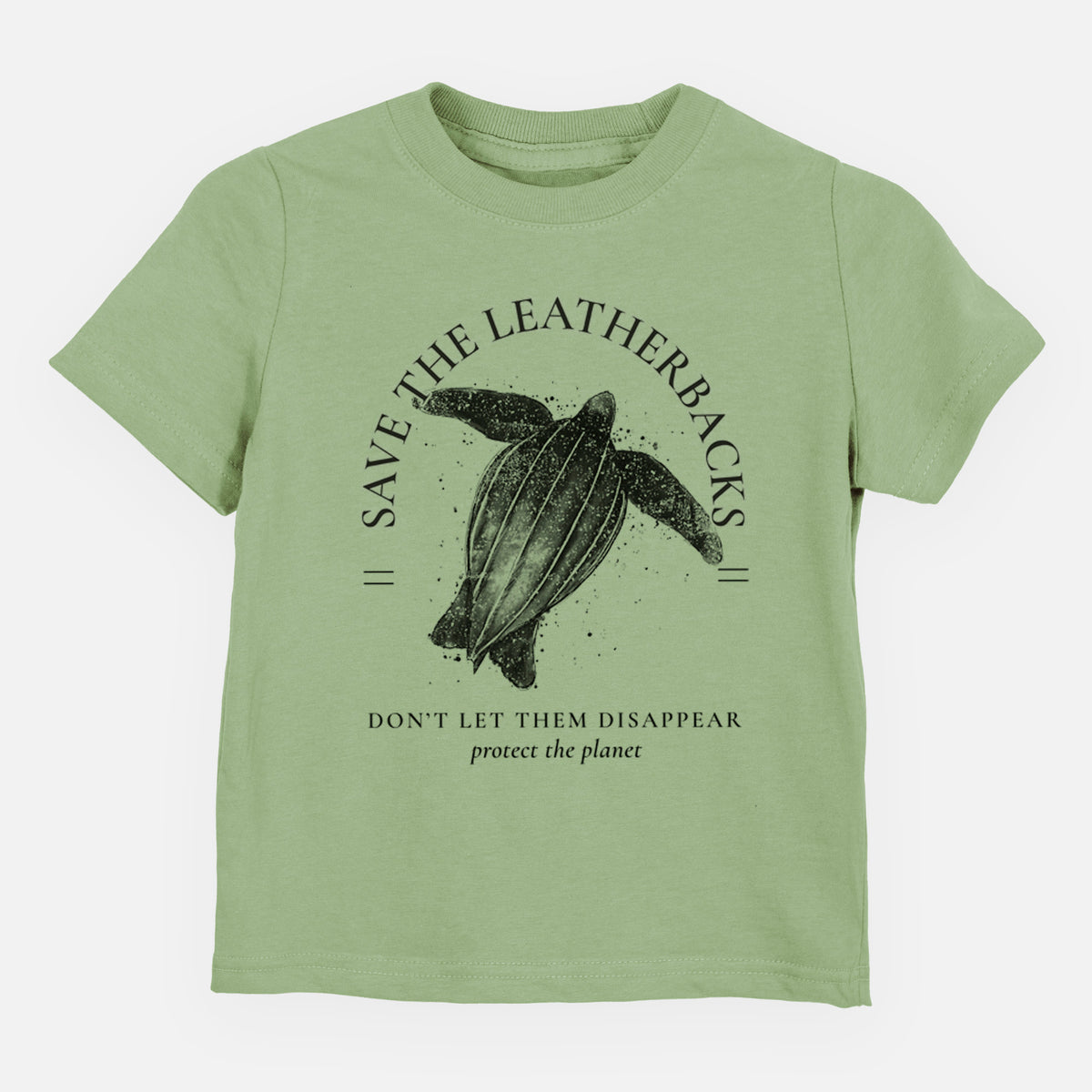 Sage green toddler t-shirt laid flat, printed with a black ink leatherback sea turtle framed by the words Save the Leatherbacks, Don't Let Them Disappear.