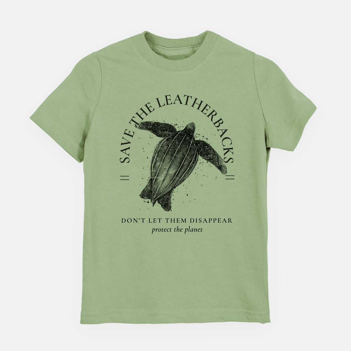 Sage green youth t-shirt laid flat, printed with a black ink leatherback sea turtle framed by the words Save the Leatherbacks, Don't Let Them Disappear.