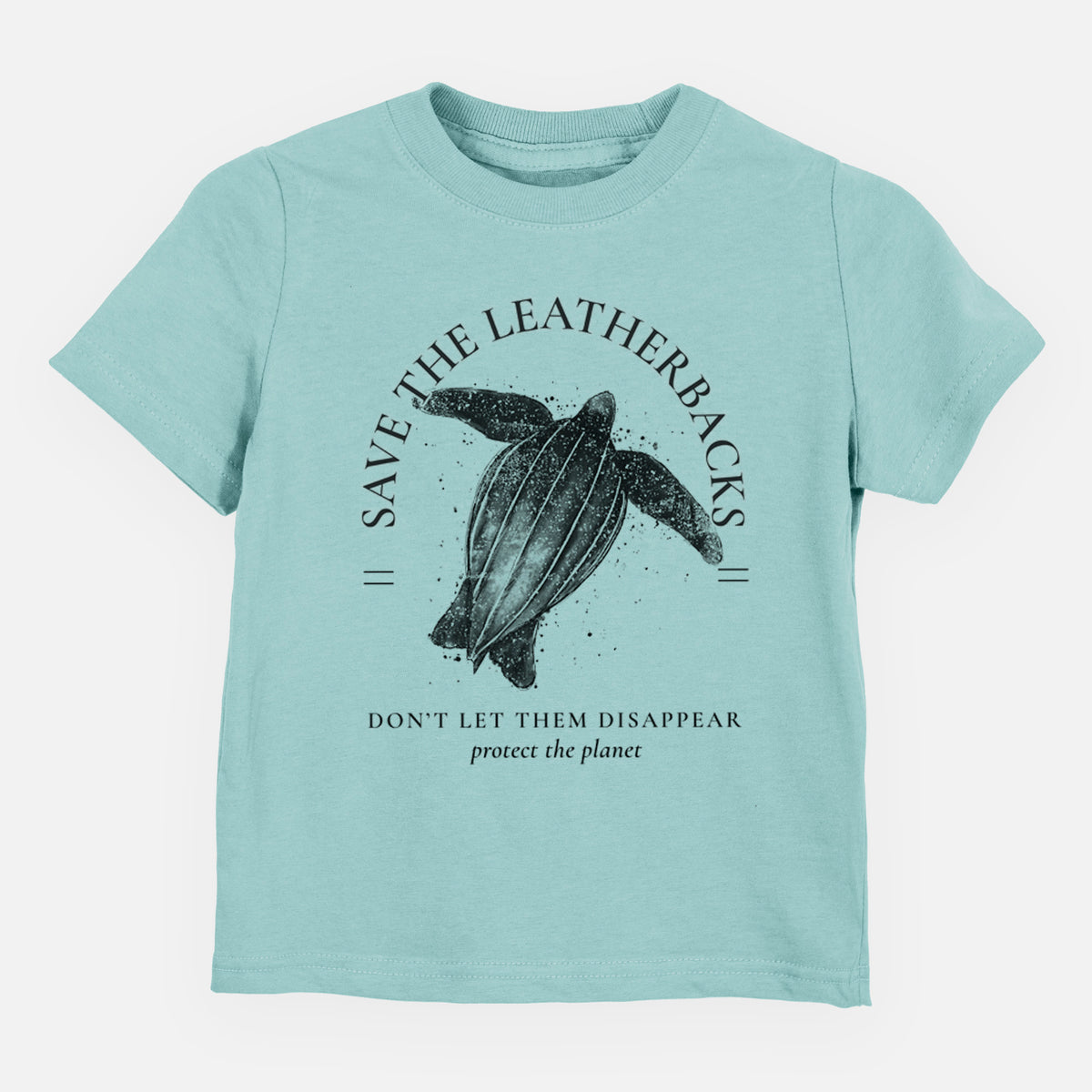 Saltwater toddler t-shirt laid flat, printed with a black ink leatherback sea turtle framed by the words Save the Leatherbacks, Don't Let Them Disappear.