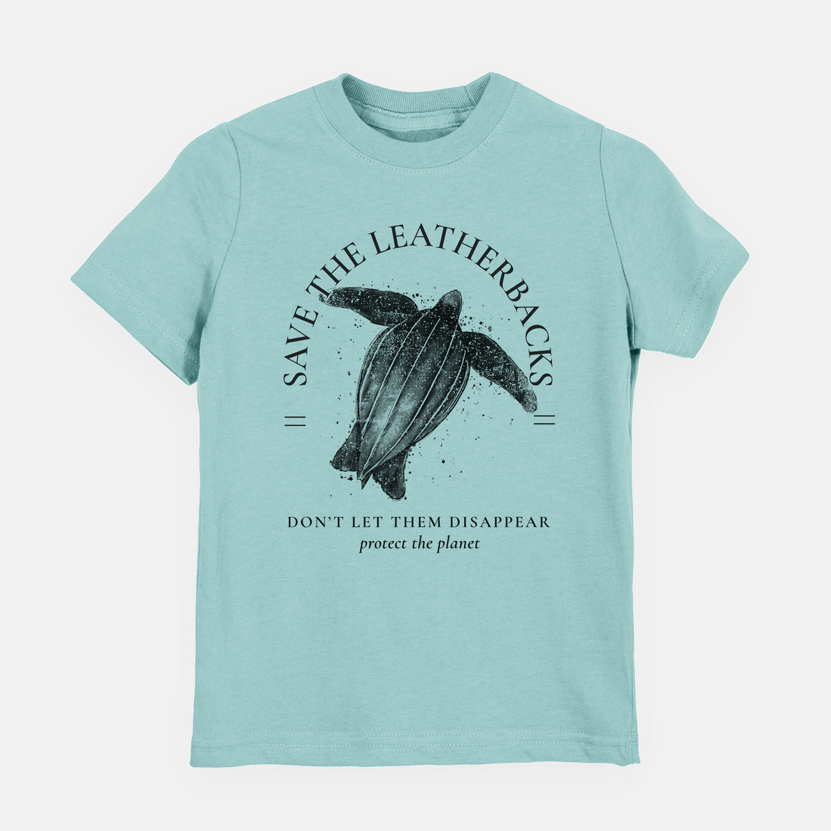 Saltwater youth t-shirt laid flat, printed with a black ink leatherback sea turtle framed by the words Save the Leatherbacks, Don't Let Them Disappear.