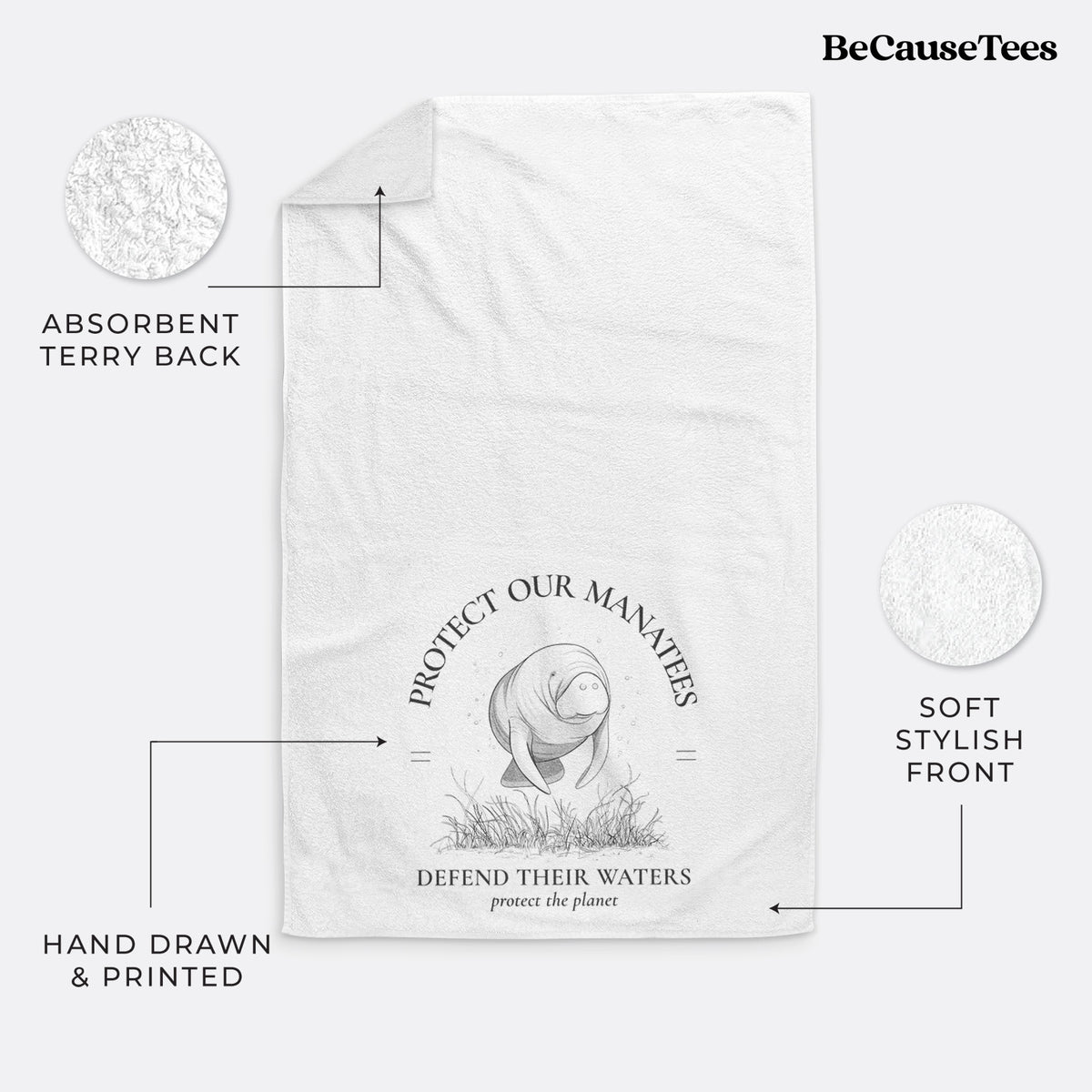 White hand towel printed with a black ink illustration of a manatee among seagrass, framed by the words Protect Our Manatees, Defend Their Waters, Protect the Planet.