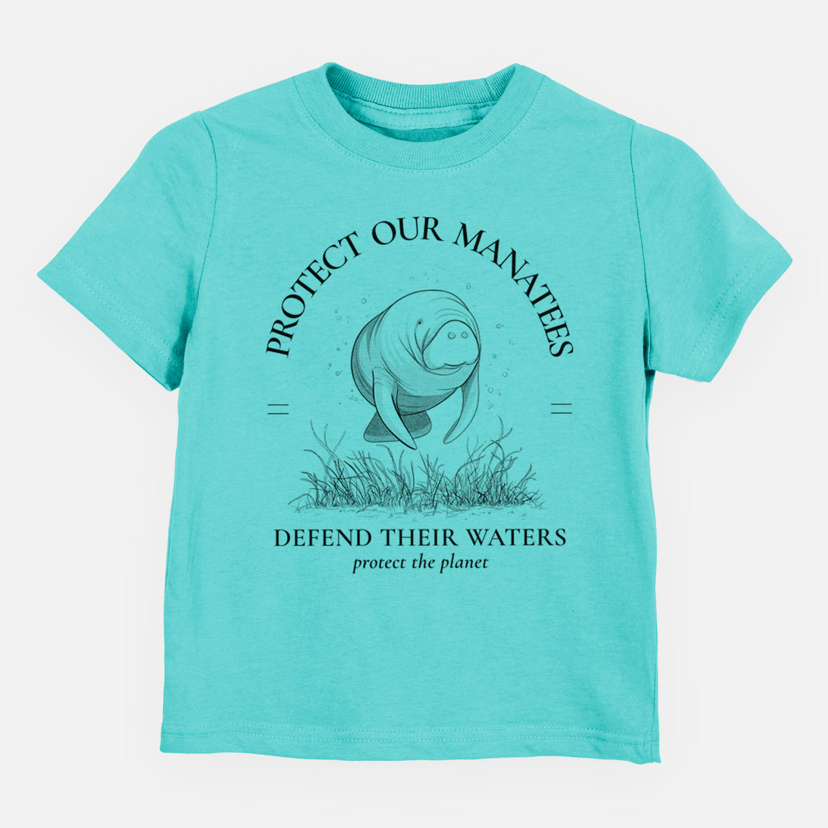 Caribbean blue toddler t-shirt laid flat, printed with a black ink illustration of a manatee among seagrass, framed by the words Protect Our Manatees, Defend Their Waters, Protect the Planet.