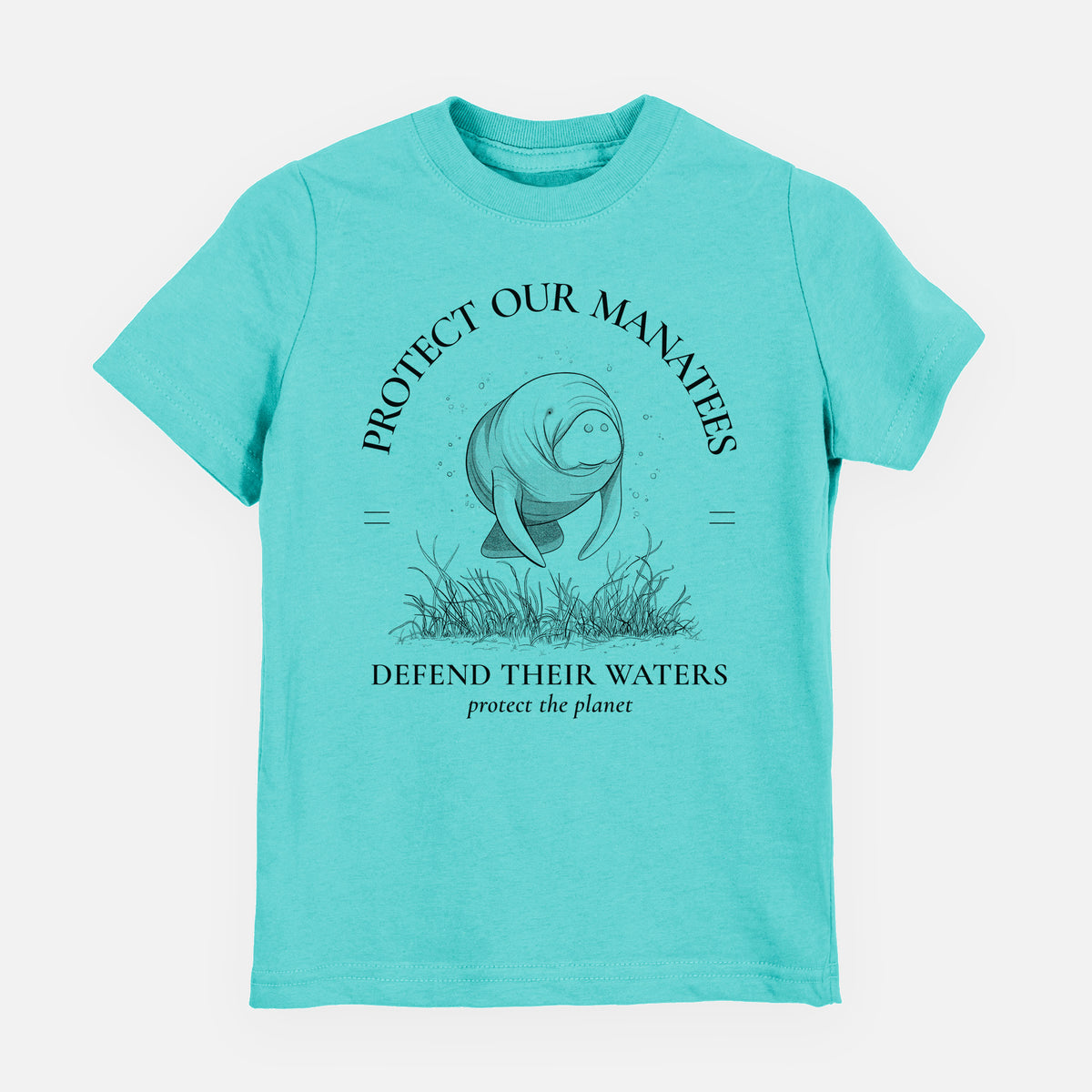 Caribbean blue youth t-shirt laid flat, printed with a black ink illustration of a manatee among seagrass, framed by the words Protect Our Manatees, Defend Their Waters, Protect the Planet.