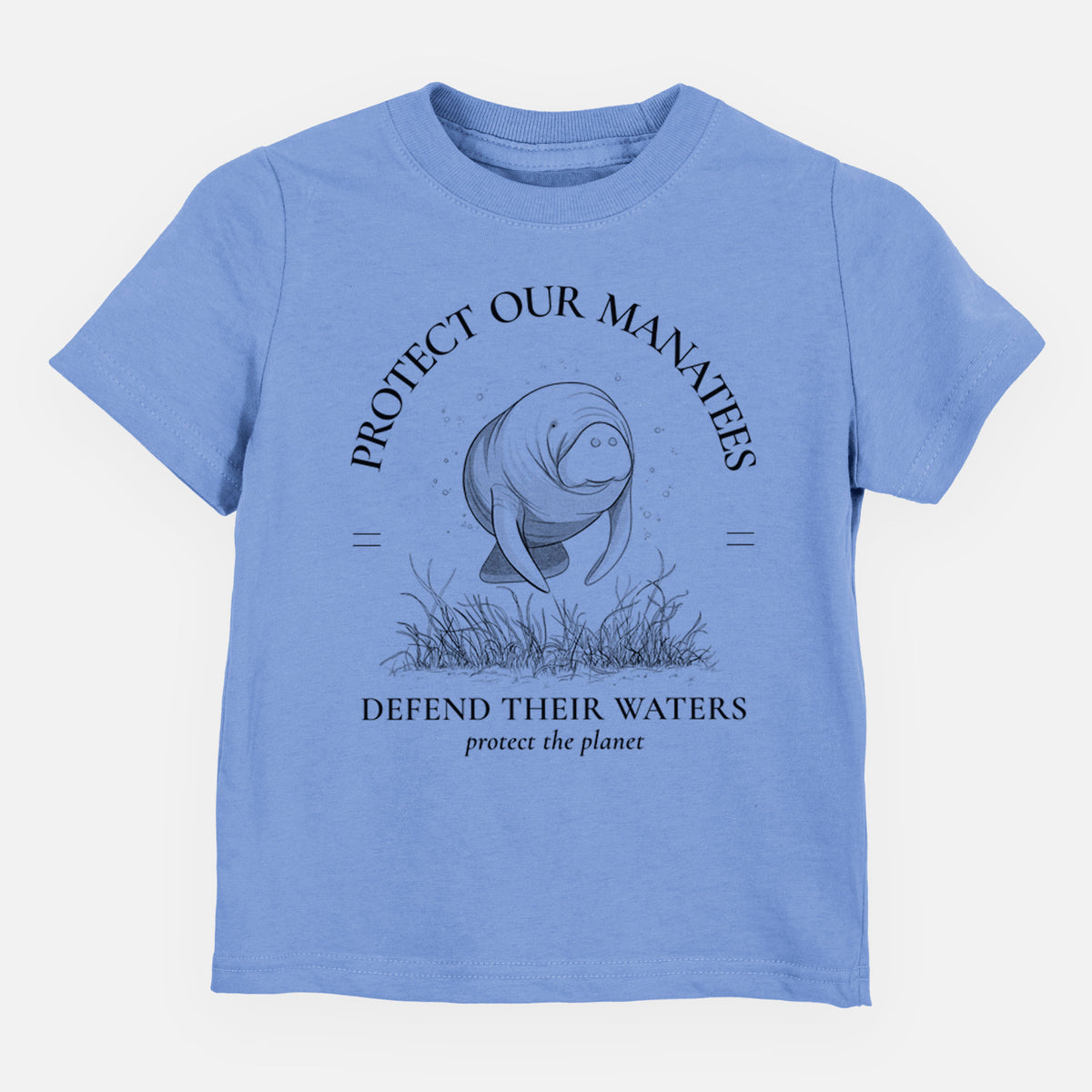 Carolina blue toddler t-shirt laid flat, printed with a black ink illustration of a manatee among seagrass, framed by the words Protect Our Manatees, Defend Their Waters, Protect the Planet.