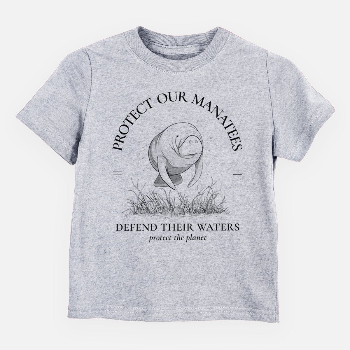 Heather grey toddler t-shirt laid flat, printed with a black ink illustration of a manatee among seagrass, framed by the words Protect Our Manatees, Defend Their Waters, Protect the Planet.