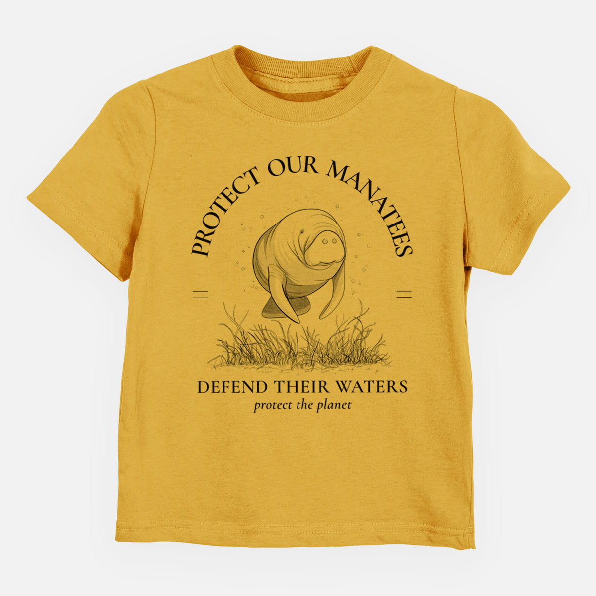 Honeycomb yellow toddler t-shirt laid flat, printed with a black ink illustration of a manatee among seagrass, framed by the words Protect Our Manatees, Defend Their Waters, Protect the Planet.