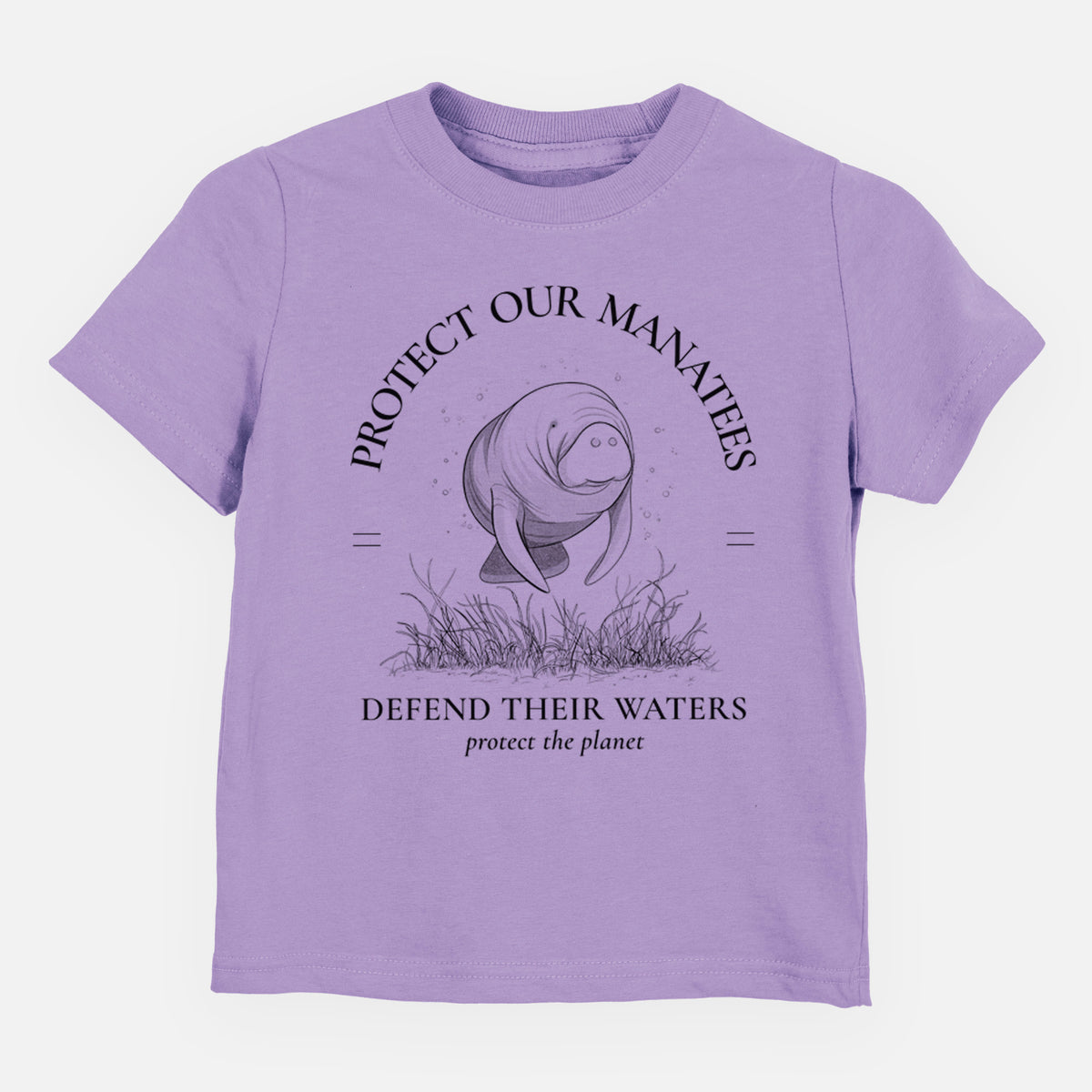 Lavender toddler t-shirt laid flat, printed with a black ink illustration of a manatee among seagrass, framed by the words Protect Our Manatees, Defend Their Waters, Protect the Planet.