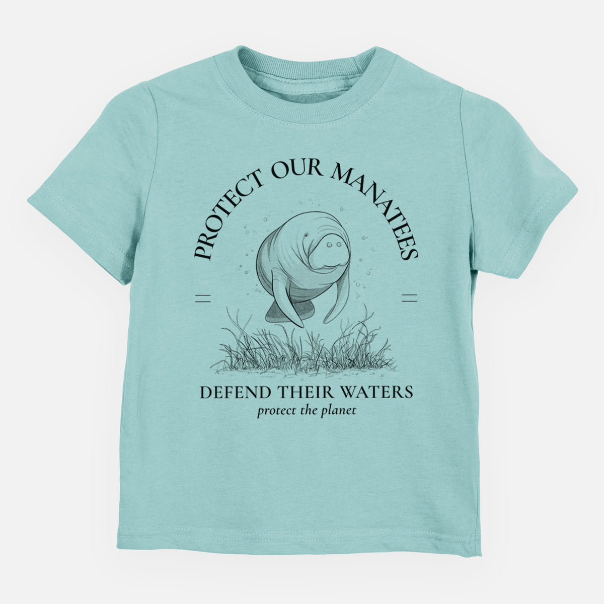 Saltwater toddler t-shirt laid flat, printed with a black ink illustration of a manatee among seagrass, framed by the words Protect Our Manatees, Defend Their Waters, Protect the Planet.