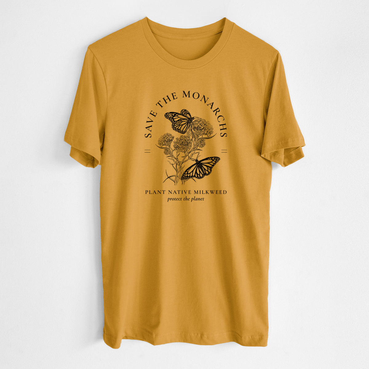Honeycomb yellow lightweight cotton t-shirt laid flat, printed with black ink monarch butterflies on milkweed flowers, framed by the words Save the Monarchs, Plant Native Milkweed.