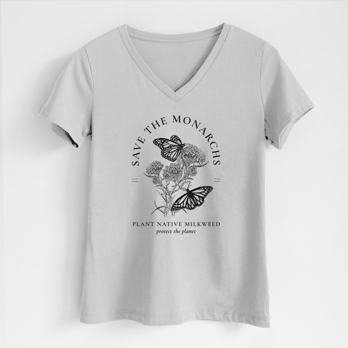 Lunar grey women's relaxed fit cotton V-neck t-shirt laid flat, printed with black ink monarch butterflies on milkweed flowers, framed by the words Save the Monarchs, Plant Native Milkweed.