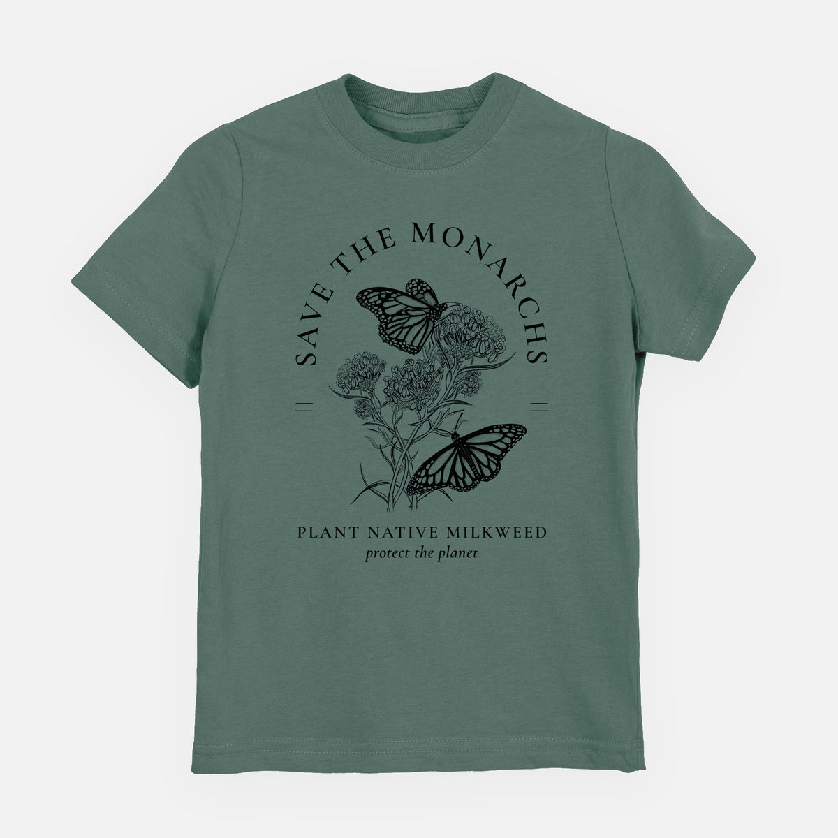Basil green youth t-shirt laid flat, printed with black ink monarch butterflies on milkweed flowers, framed by the words Save the Monarchs, Plant Native Milkweed.