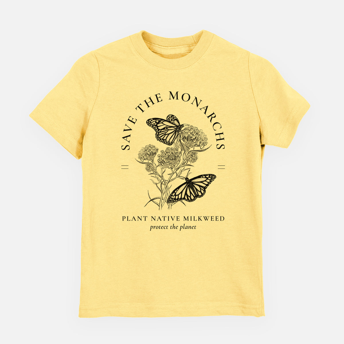 Butter yellow youth t-shirt laid flat, printed with black ink monarch butterflies on milkweed flowers, framed by the words Save the Monarchs, Plant Native Milkweed.