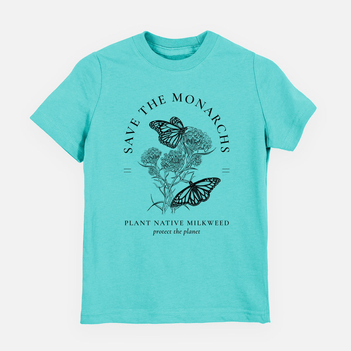 Caribbean blue youth t-shirt laid flat, printed with black ink monarch butterflies on milkweed flowers, framed by the words Save the Monarchs, Plant Native Milkweed.