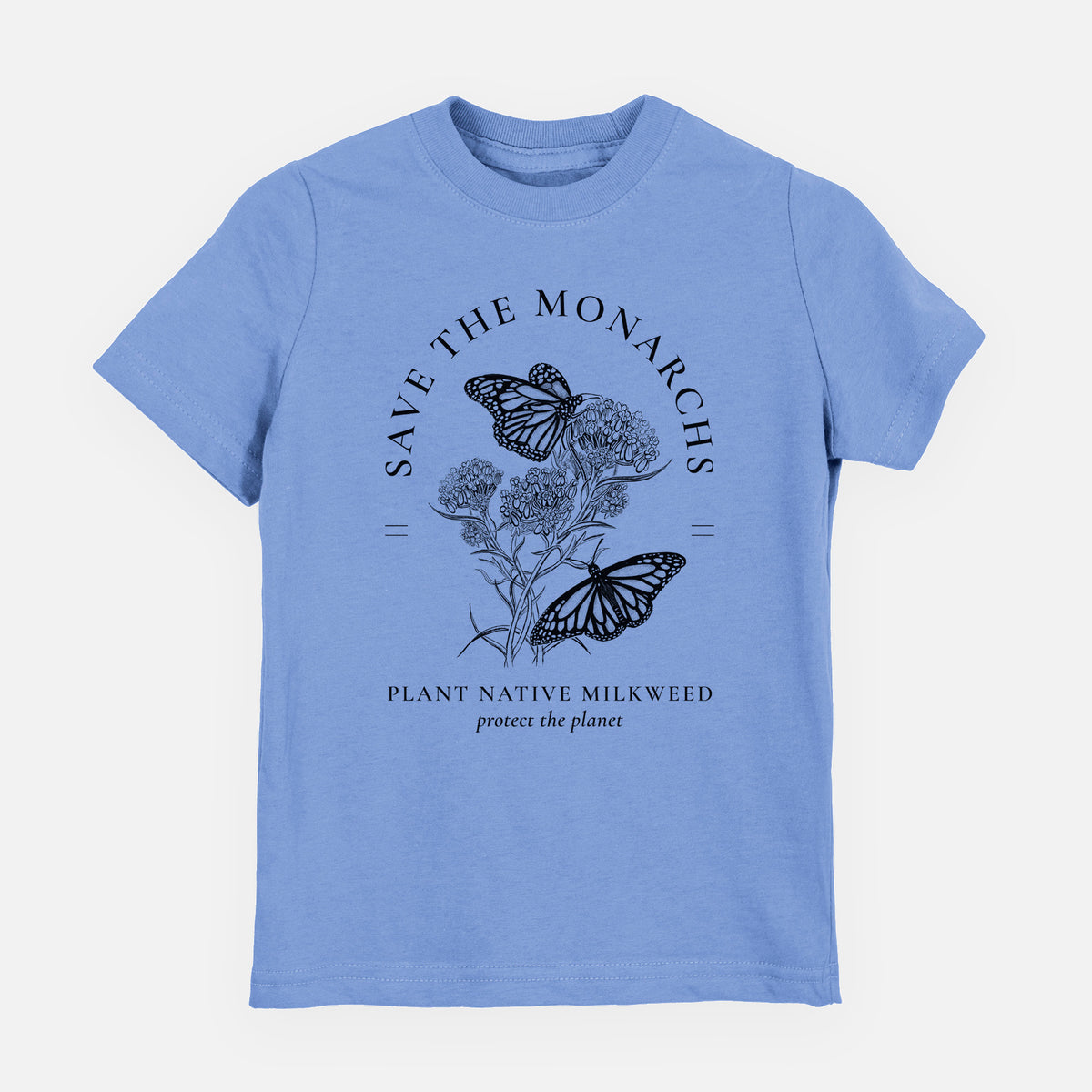Carolina blue youth t-shirt laid flat, printed with black ink monarch butterflies on milkweed flowers, framed by the words Save the Monarchs, Plant Native Milkweed.