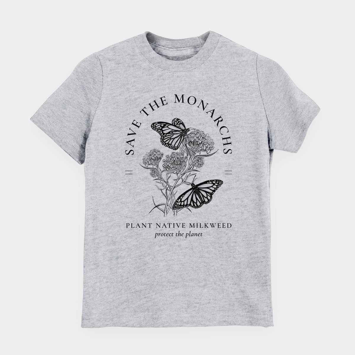 Heather grey youth t-shirt laid flat, printed with black ink monarch butterflies on milkweed flowers, framed by the words Save the Monarchs, Plant Native Milkweed.