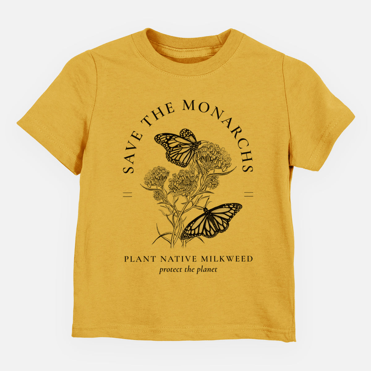 Honeycomb yellow toddler t-shirt laid flat, printed with black ink monarch butterflies on milkweed flowers, framed by the words Save the Monarchs, Plant Native Milkweed.