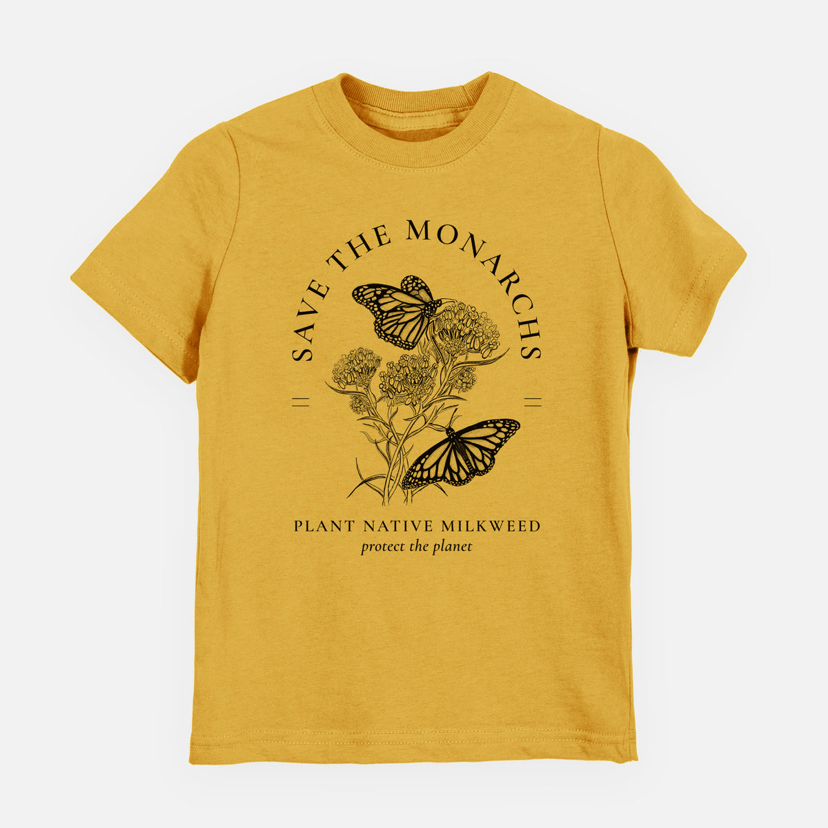 Honeycomb yellow youth t-shirt laid flat, printed with black ink monarch butterflies on milkweed flowers, framed by the words Save the Monarchs, Plant Native Milkweed.