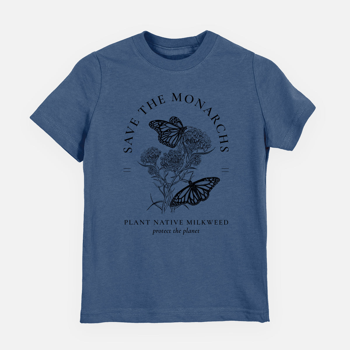 Indigo blue youth t-shirt laid flat, printed with black ink monarch butterflies on milkweed flowers, framed by the words Save the Monarchs, Plant Native Milkweed.
