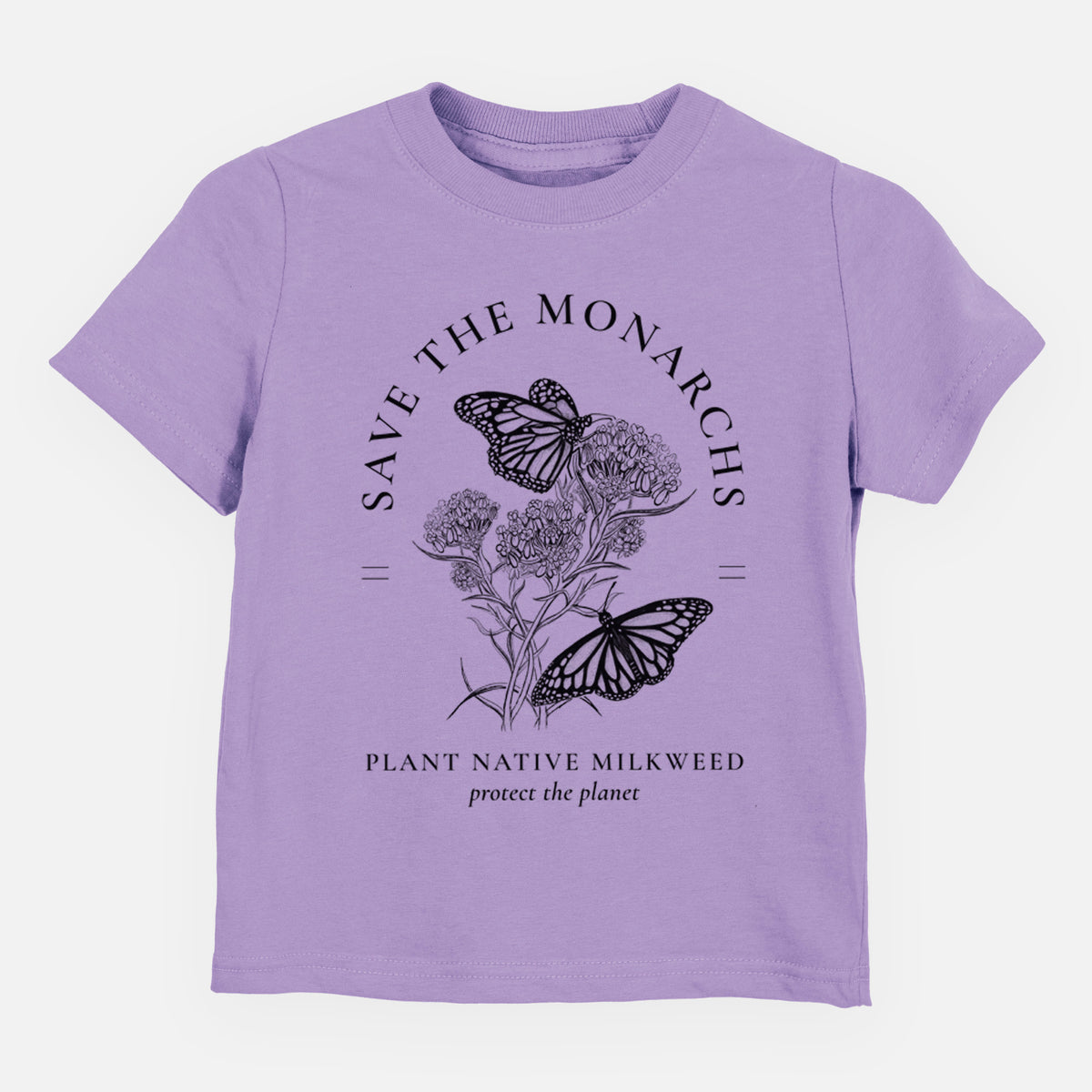 Lavender toddler t-shirt laid flat, printed with black ink monarch butterflies on milkweed flowers, framed by the words Save the Monarchs, Plant Native Milkweed.