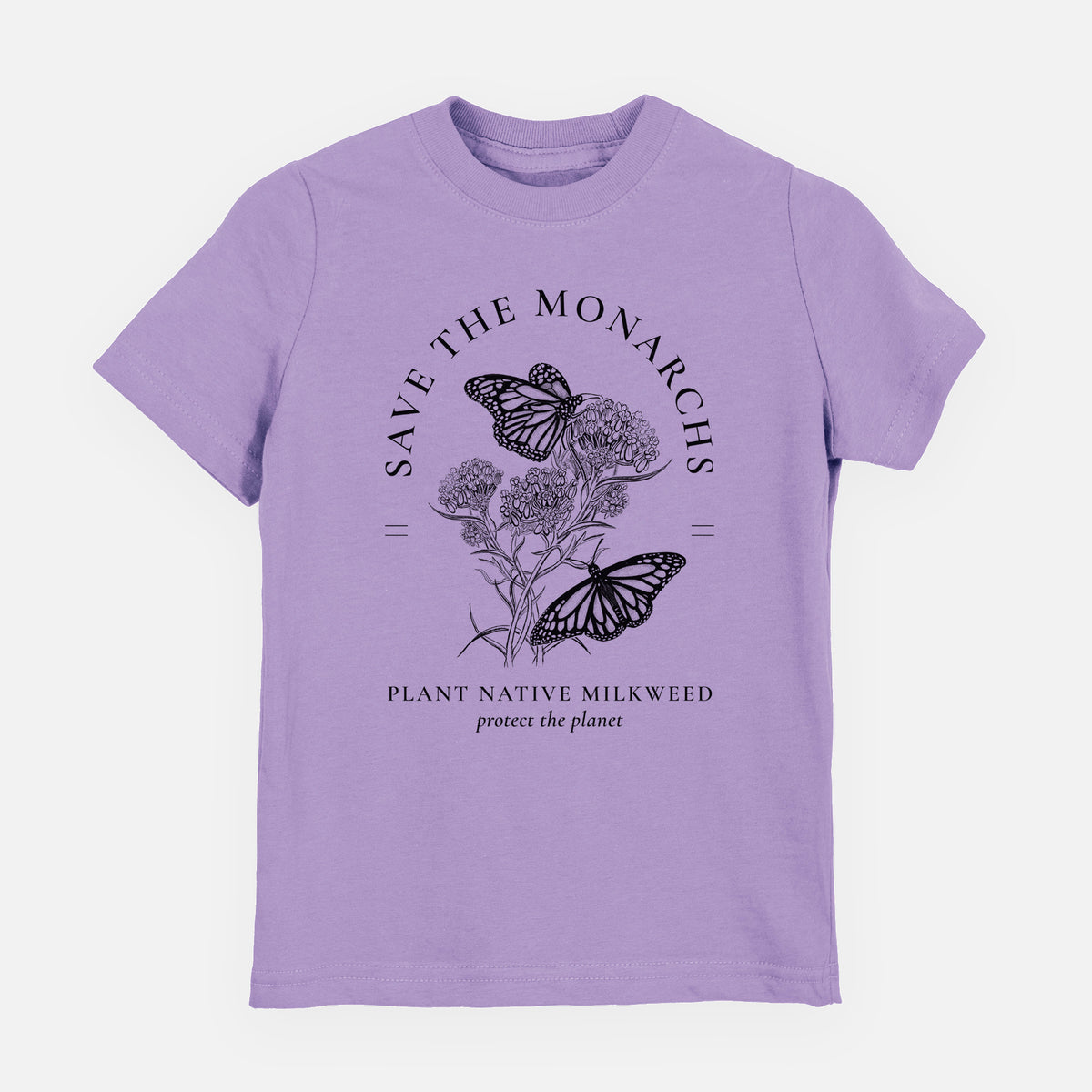Lavender youth t-shirt laid flat, printed with black ink monarch butterflies on milkweed flowers, framed by the words Save the Monarchs, Plant Native Milkweed.