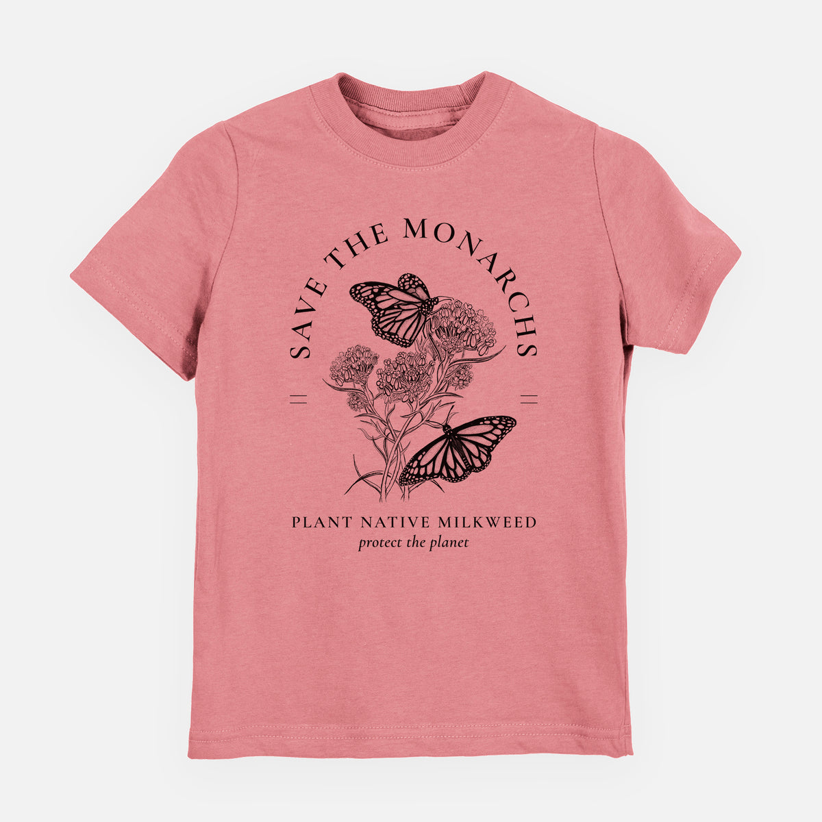 Mauve pink youth t-shirt laid flat, printed with black ink monarch butterflies on milkweed flowers, framed by the words Save the Monarchs, Plant Native Milkweed.