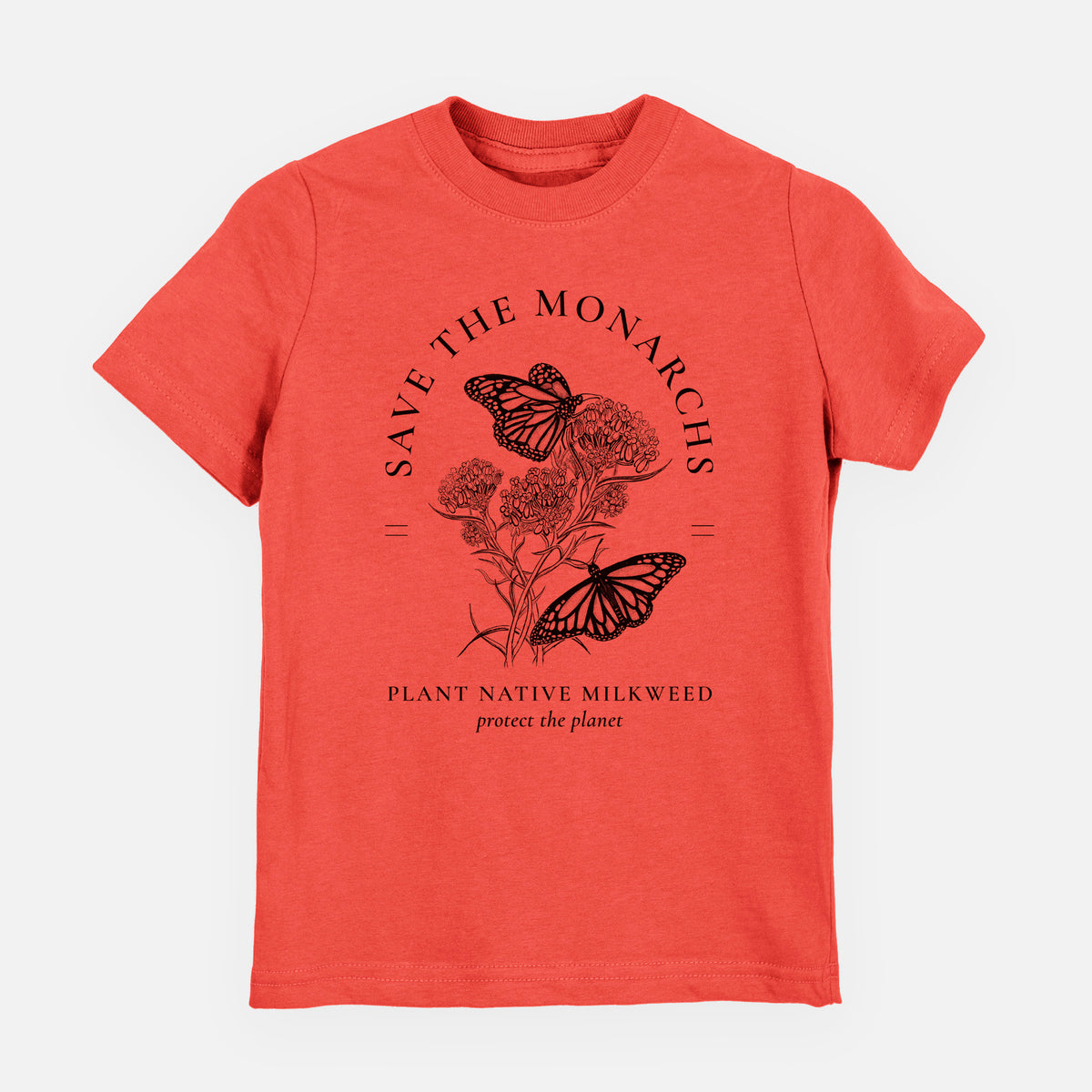 Passionfruit pink youth t-shirt laid flat, printed with black ink monarch butterflies on milkweed flowers, framed by the words Save the Monarchs, Plant Native Milkweed.