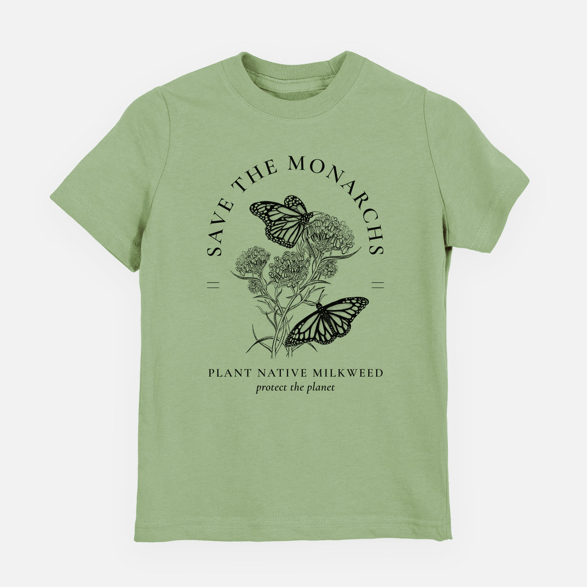 Sage green youth t-shirt laid flat, printed with black ink monarch butterflies on milkweed flowers, framed by the words Save the Monarchs, Plant Native Milkweed.