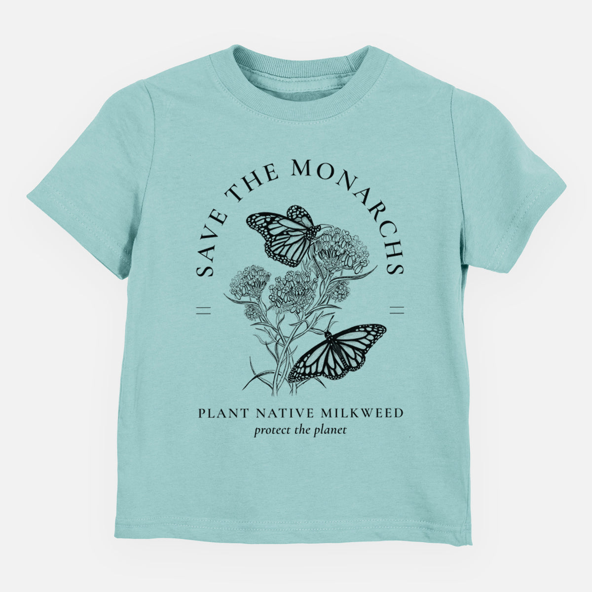 Saltwater toddler t-shirt laid flat, printed with black ink monarch butterflies on milkweed flowers, framed by the words Save the Monarchs, Plant Native Milkweed.
