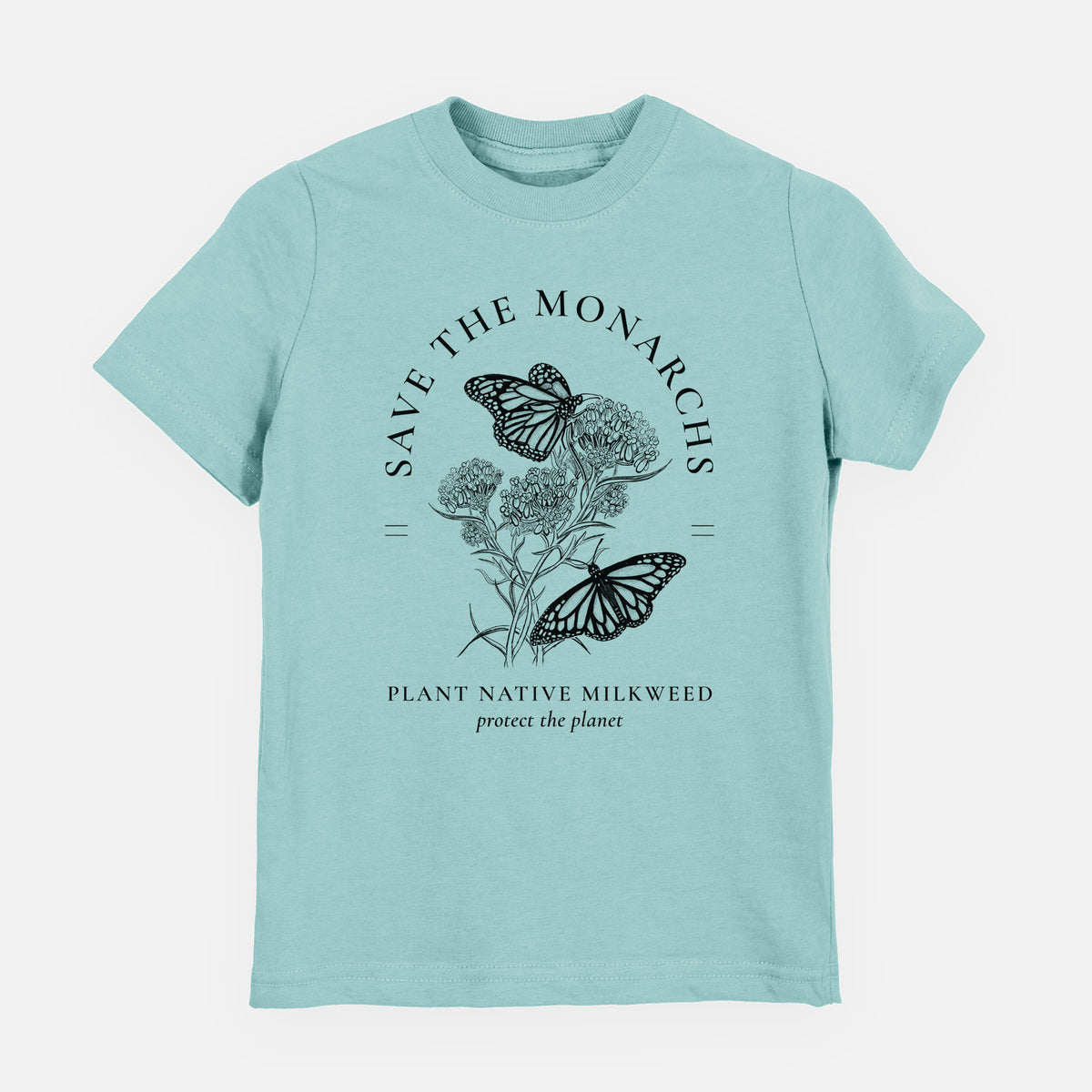 Saltwater youth t-shirt laid flat, printed with black ink monarch butterflies on milkweed flowers, framed by the words Save the Monarchs, Plant Native Milkweed.