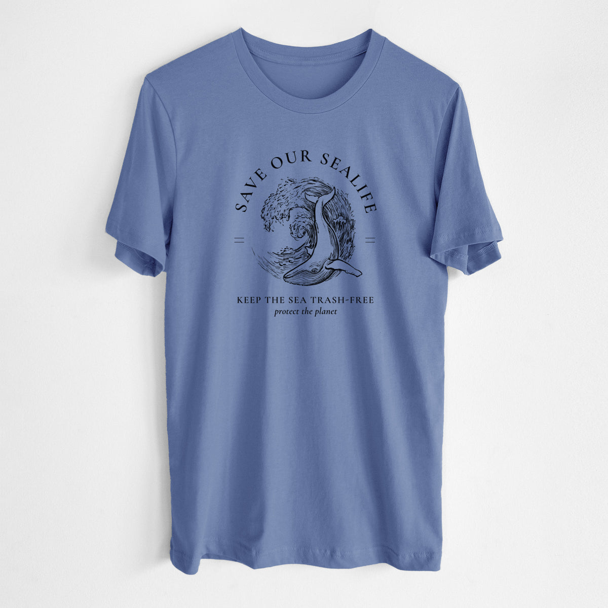 Blue bell lightweight cotton t-shirt laid flat, printed with a black ink whale in an ocean wave framed by the words Save Our Sealife, Keep the Sea Trash-Free.