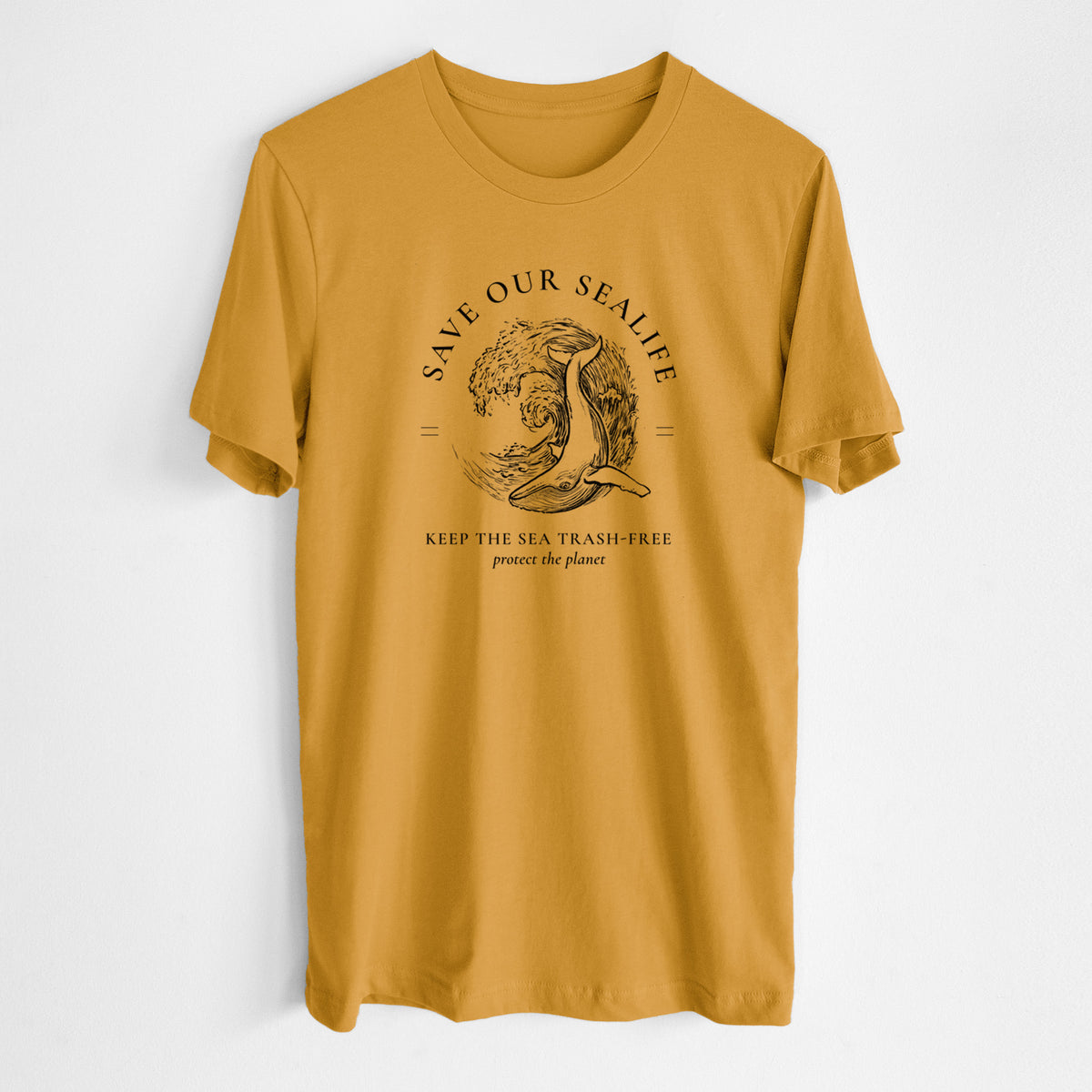 Honeycomb yellow lightweight cotton t-shirt laid flat, printed with a black ink whale in an ocean wave framed by the words Save Our Sealife, Keep the Sea Trash-Free.