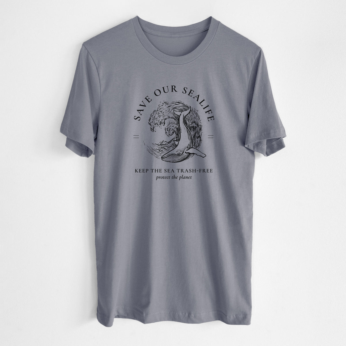 Storm grey lightweight cotton t-shirt laid flat, printed with a black ink whale in an ocean wave framed by the words Save Our Sealife, Keep the Sea Trash-Free.