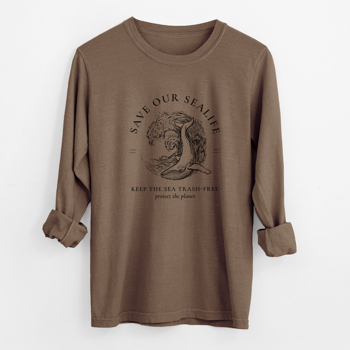 Espresso brown Comfort Colors long sleeve shirt laid flat with the cuffs rolled, printed with a black ink whale in an ocean wave framed by the words Save Our Sealife, Keep the Sea Trash-Free.