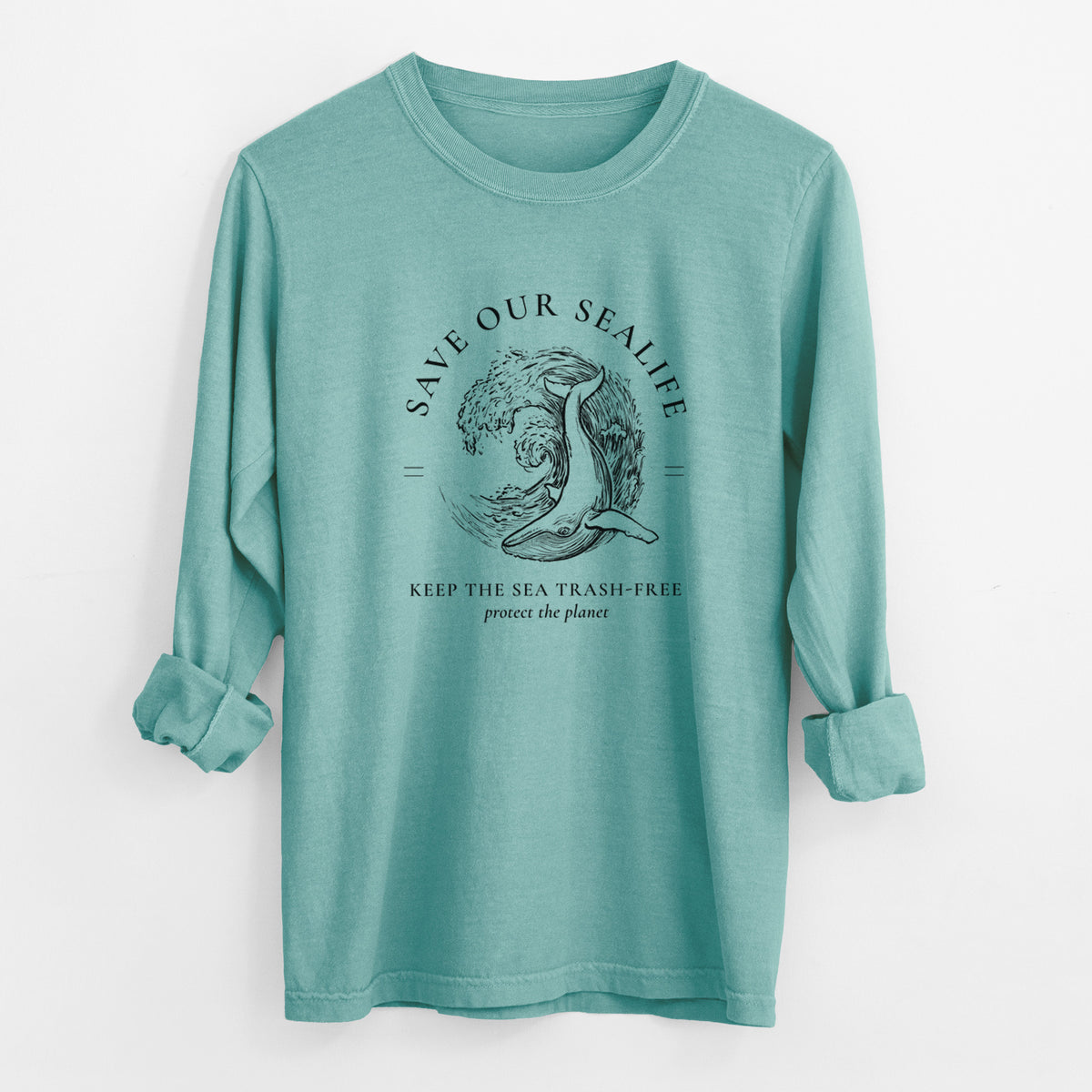 Reef green Comfort Colors long sleeve shirt laid flat with the cuffs rolled, printed with a black ink whale in an ocean wave framed by the words Save Our Sealife, Keep the Sea Trash-Free.