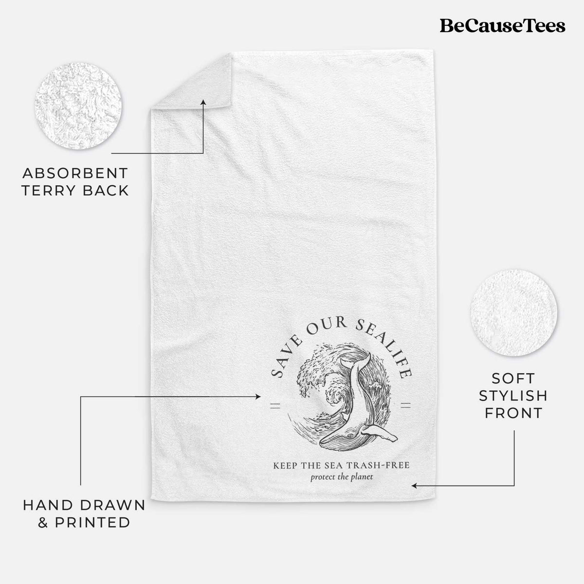 White hand towel printed with a black ink whale in an ocean wave framed by the words Save Our Sealife, Keep the Sea Trash-Free.