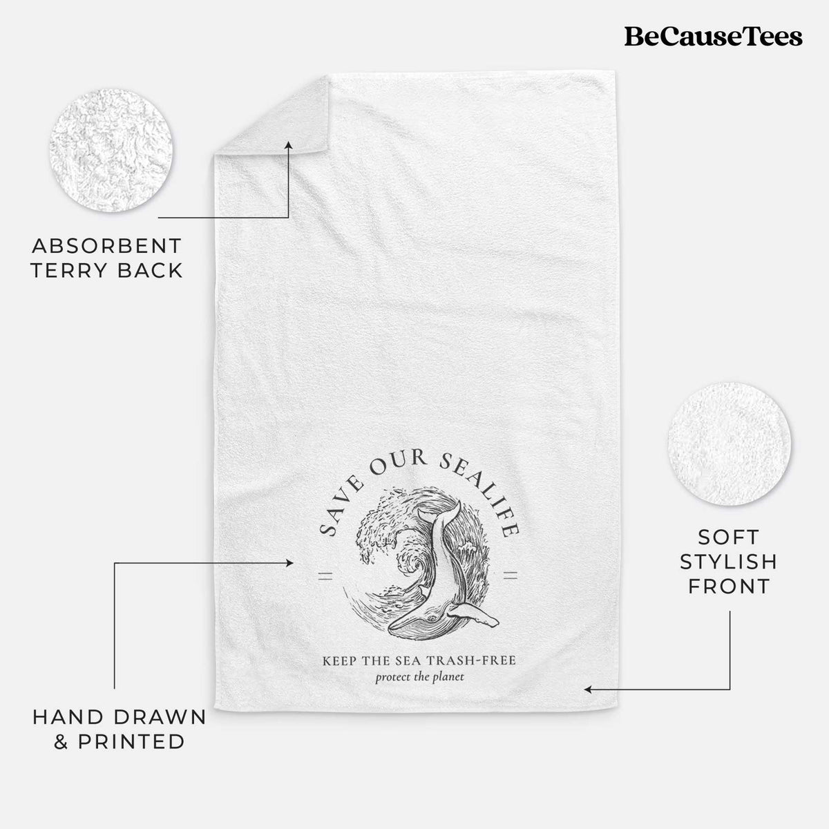 White hand towel printed with a black ink whale in an ocean wave framed by the words Save Our Sealife, Keep the Sea Trash-Free.