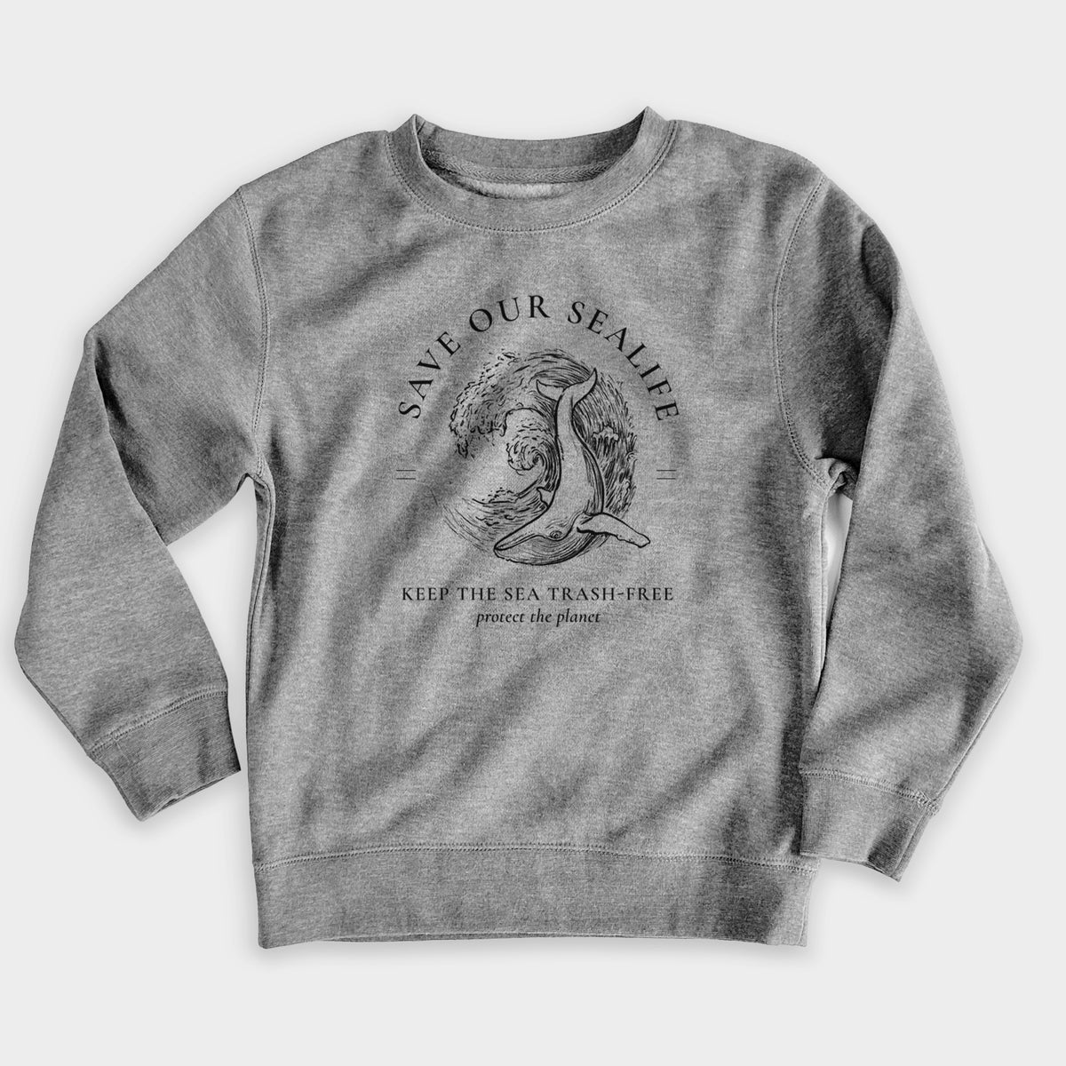 Nickel grey youth crewneck sweatshirt laid flat, printed with a black ink whale in an ocean wave framed by the words Save Our Sealife, Keep the Sea Trash-Free.