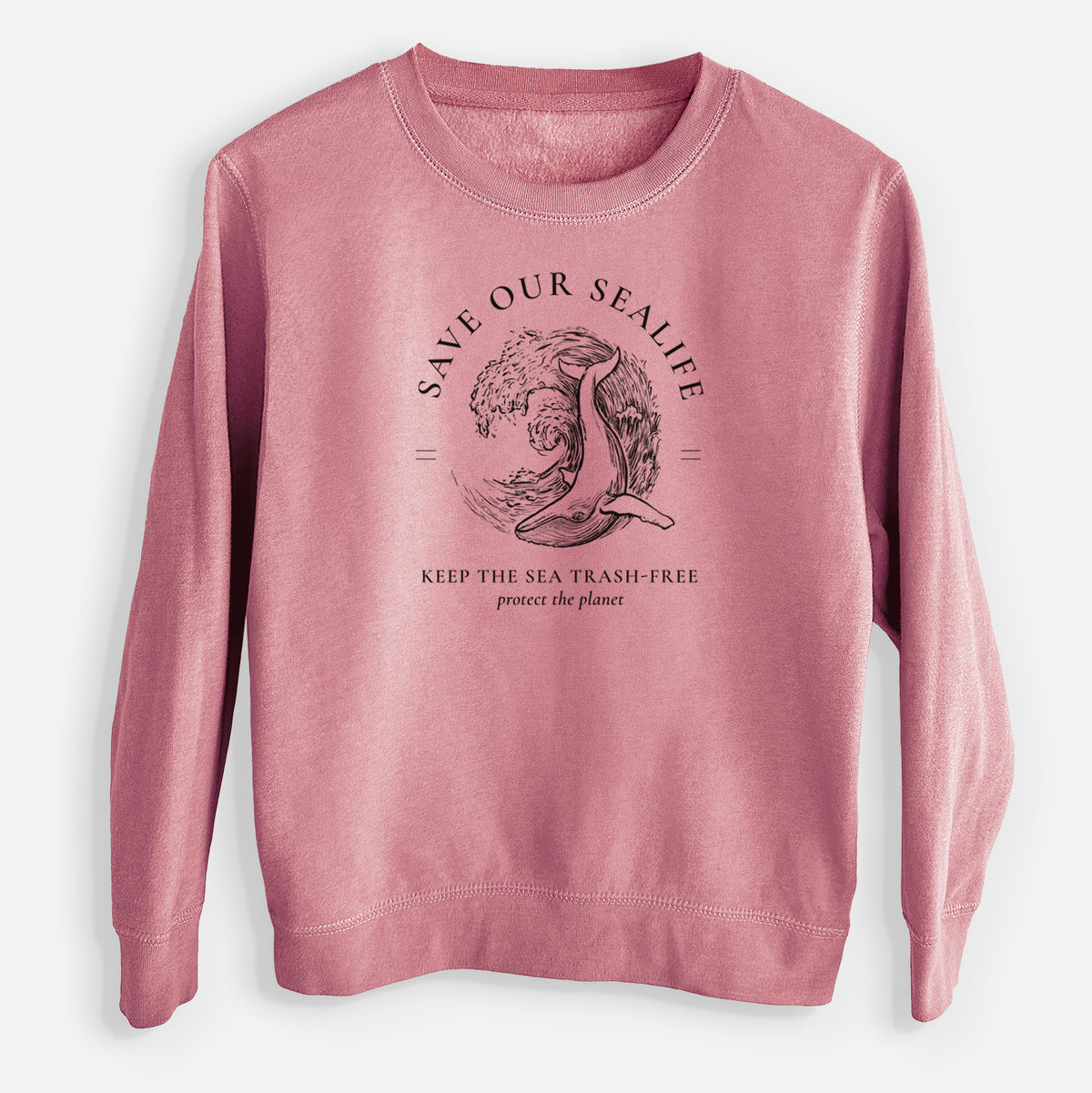 Mauve pink youth crewneck sweatshirt laid flat, printed with a black ink whale in an ocean wave framed by the words Save Our Sealife, Keep the Sea Trash-Free.