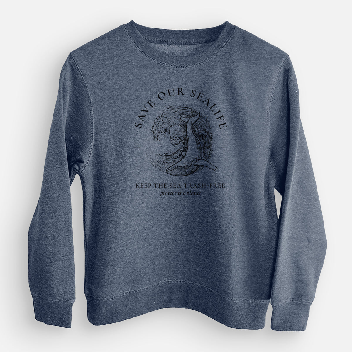 Storm blue youth crewneck sweatshirt laid flat, printed with a black ink whale in an ocean wave framed by the words Save Our Sealife, Keep the Sea Trash-Free.